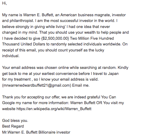 Scam email impersonating Warren Buffet