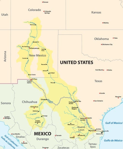 Map highlighting the Rio Grande and Pecos River watersheds.