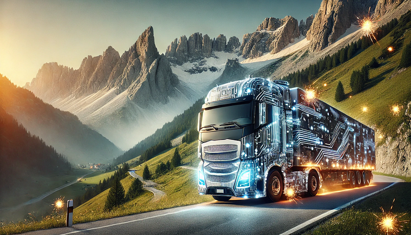 Electric European heavy freight truck in the Alps