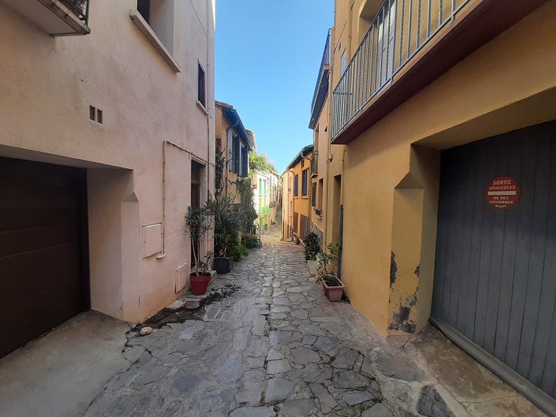 A street scene in Collioure, France.