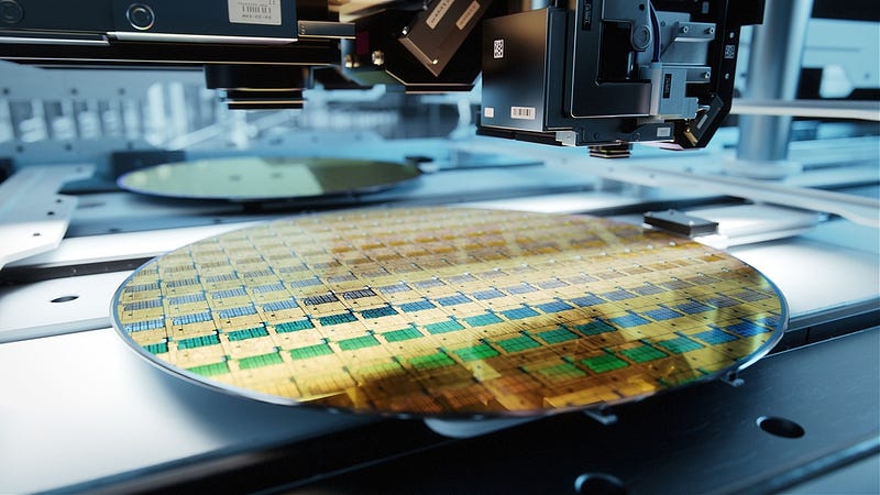 Close-up of a silicon wafer at a semiconductor plant.