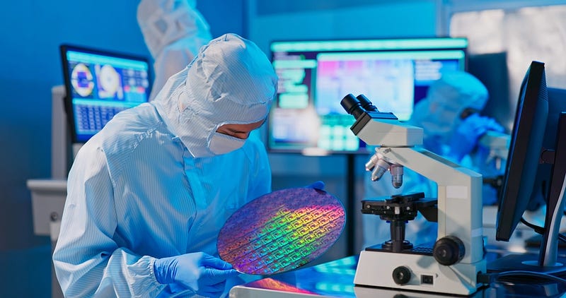 A semiconductor engineer working with a silicon wafer.