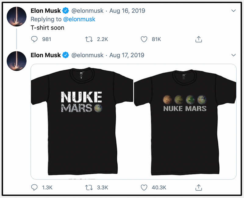 Nuke Mars T-shirt; Elon Musk tweet.